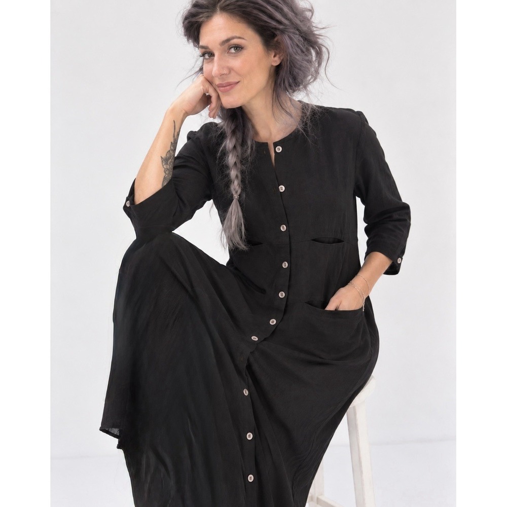Joyce Ridings Fine Wool Button Long Line Shift Dress Black UK 10 US 8 Vintage